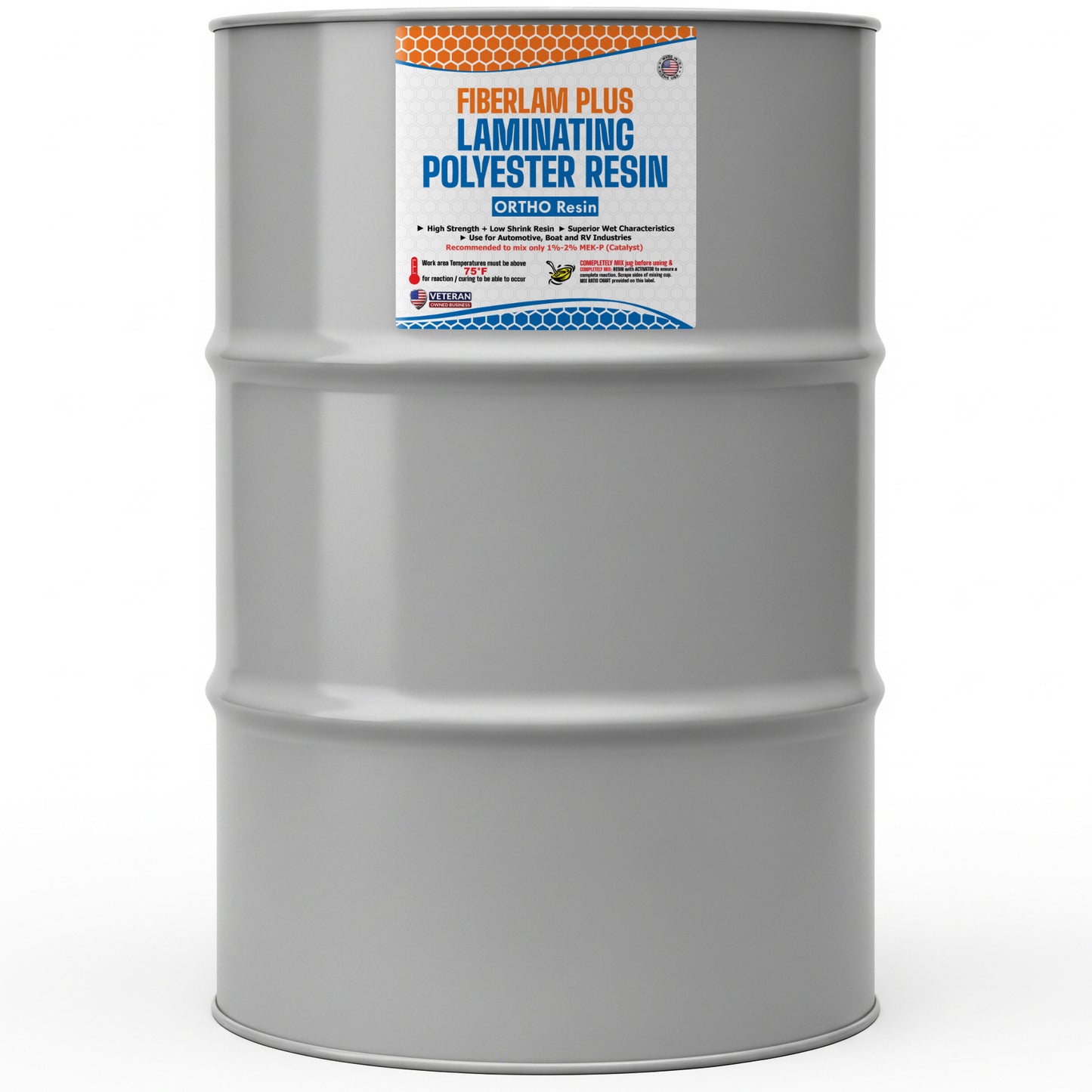 Drum of Fiberlam Plus Laminating Polyester Resin with label on a white background