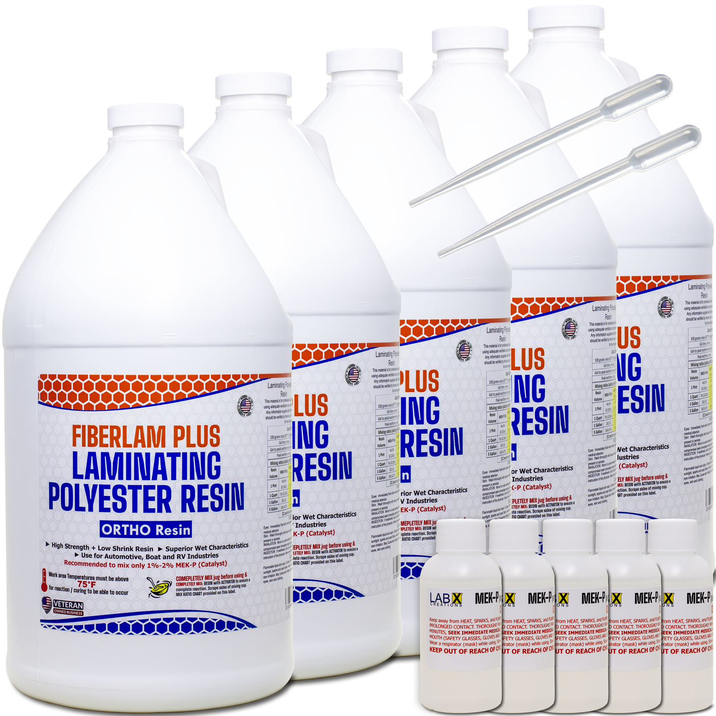 FIBERLAM Plus 1-10G Polyester Resin 1-10 Gallon +MEKP Hardener; Low Viscosity Coating for Laminating Fiberglass mat/Biaxial/Cloth; Boat/RV/Automotive/Canoe/Surfboard| 24-36hr TACK Time