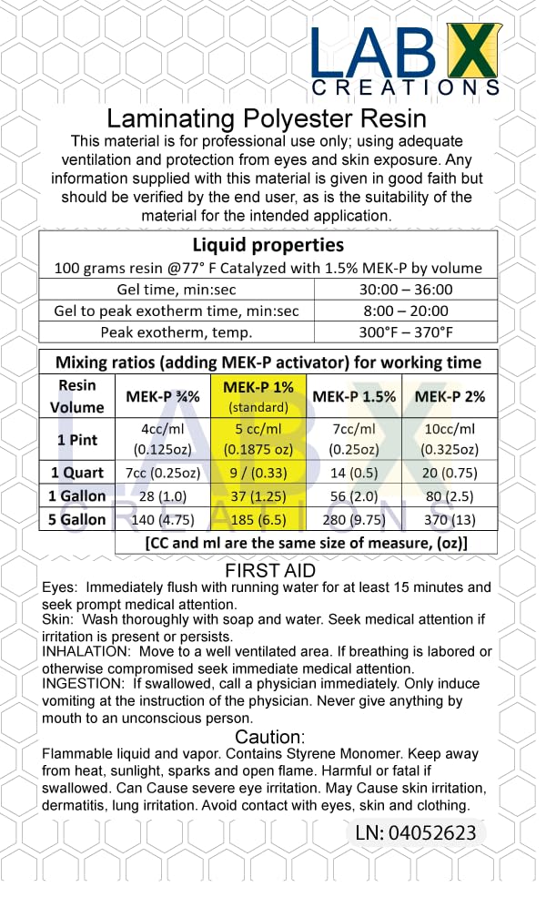 Technical datasheet for Laminating Polyester Resin by LAB X Creations with product details and safety information.
