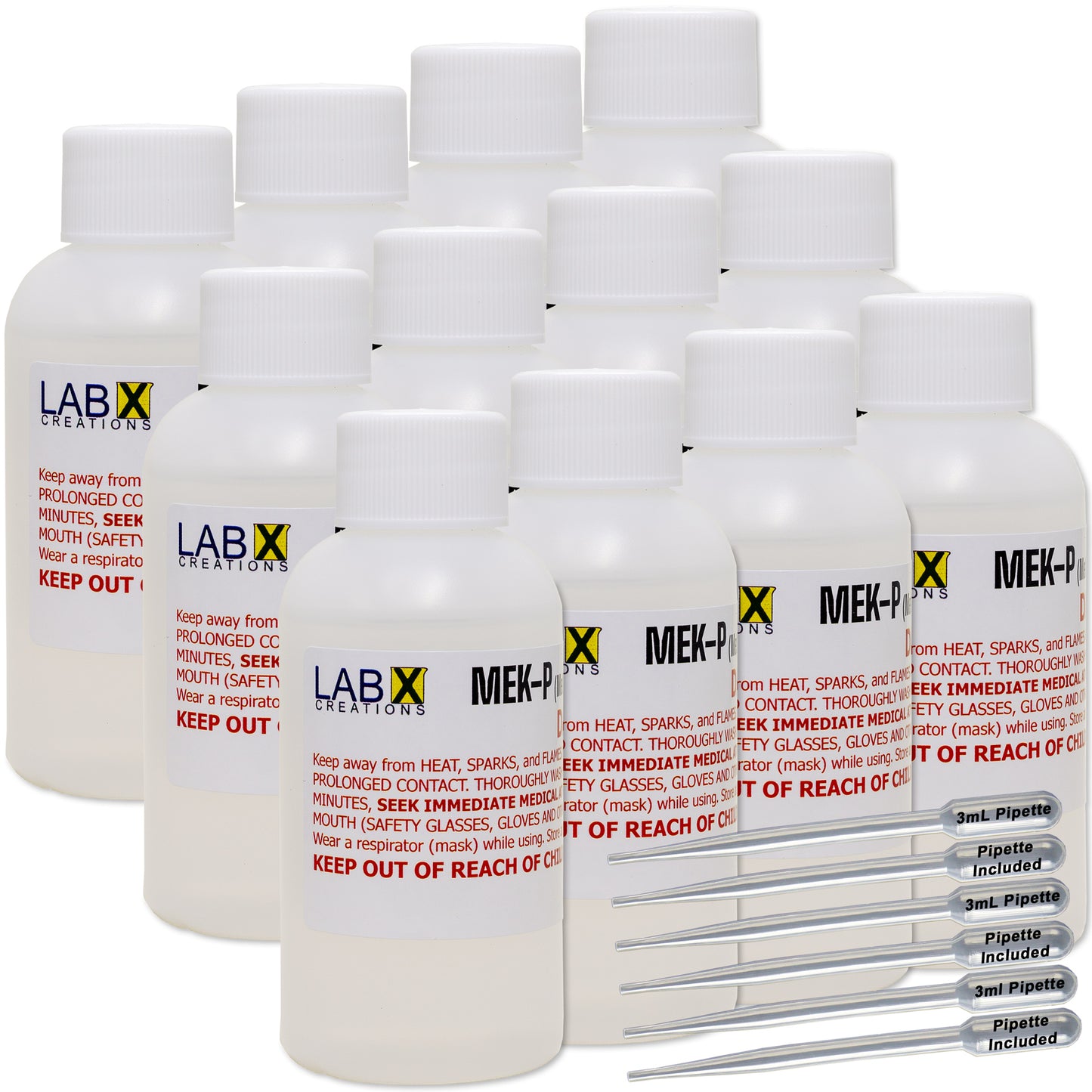 12 bottles of MEKP labeled 'LAB X Creations' with 6 pipettes on a white background