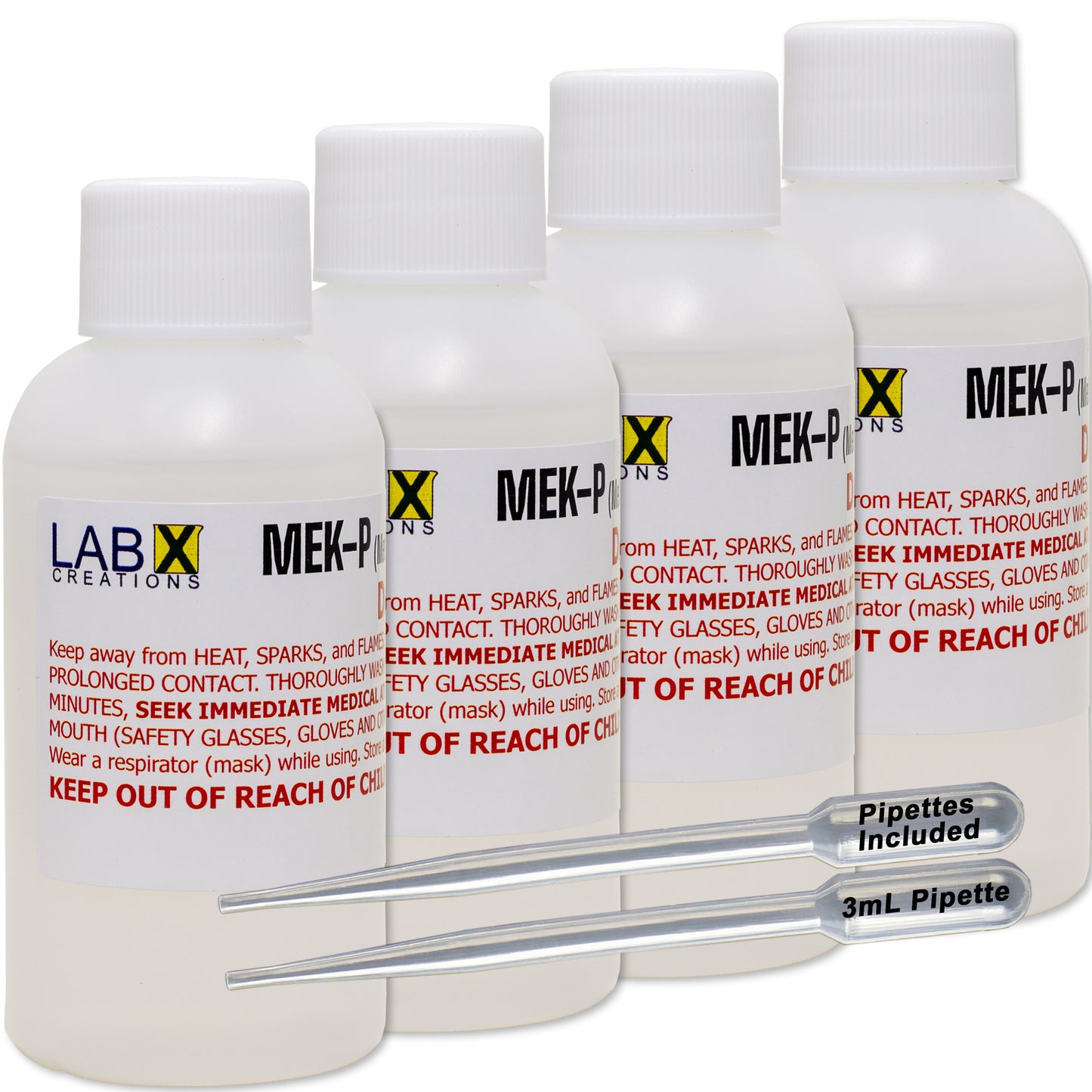 Four white MEKP bottles labeled 'LAB X Creations' and 'MEK-P' with 2 pipettes on a white background.