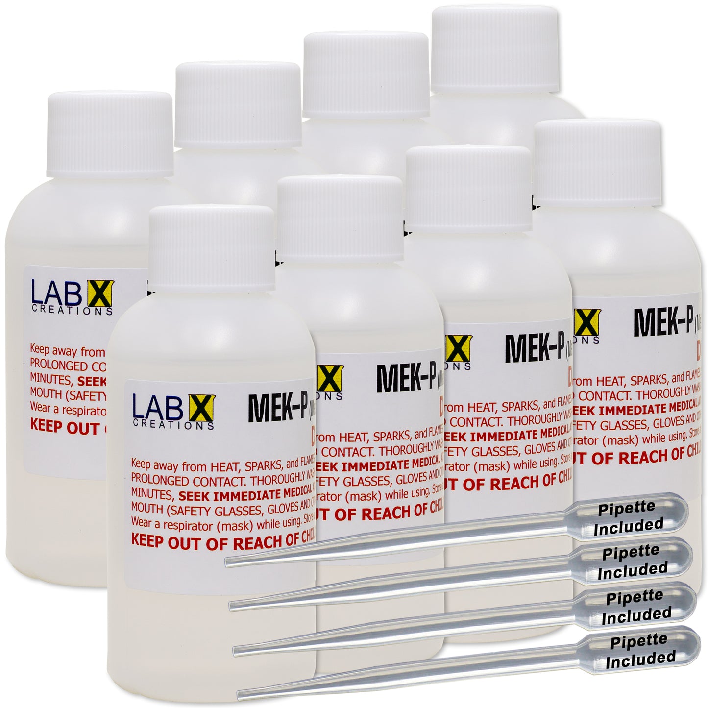 Set of 8 white MEKP bottles with Lab X creations branding and 4 pipettes on a white background