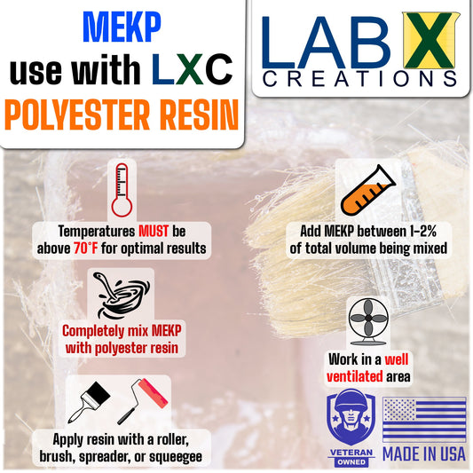 Instructions for using MEKP with LXC polyester resin, featuring 'Lab X Creations' branding and USA Veteran Owned and Made in USA labeling.
