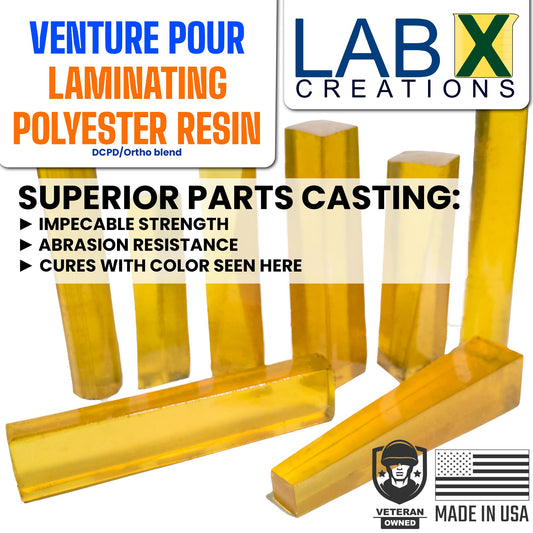 Yellow resin parts with Lab X Creations branding and product features.