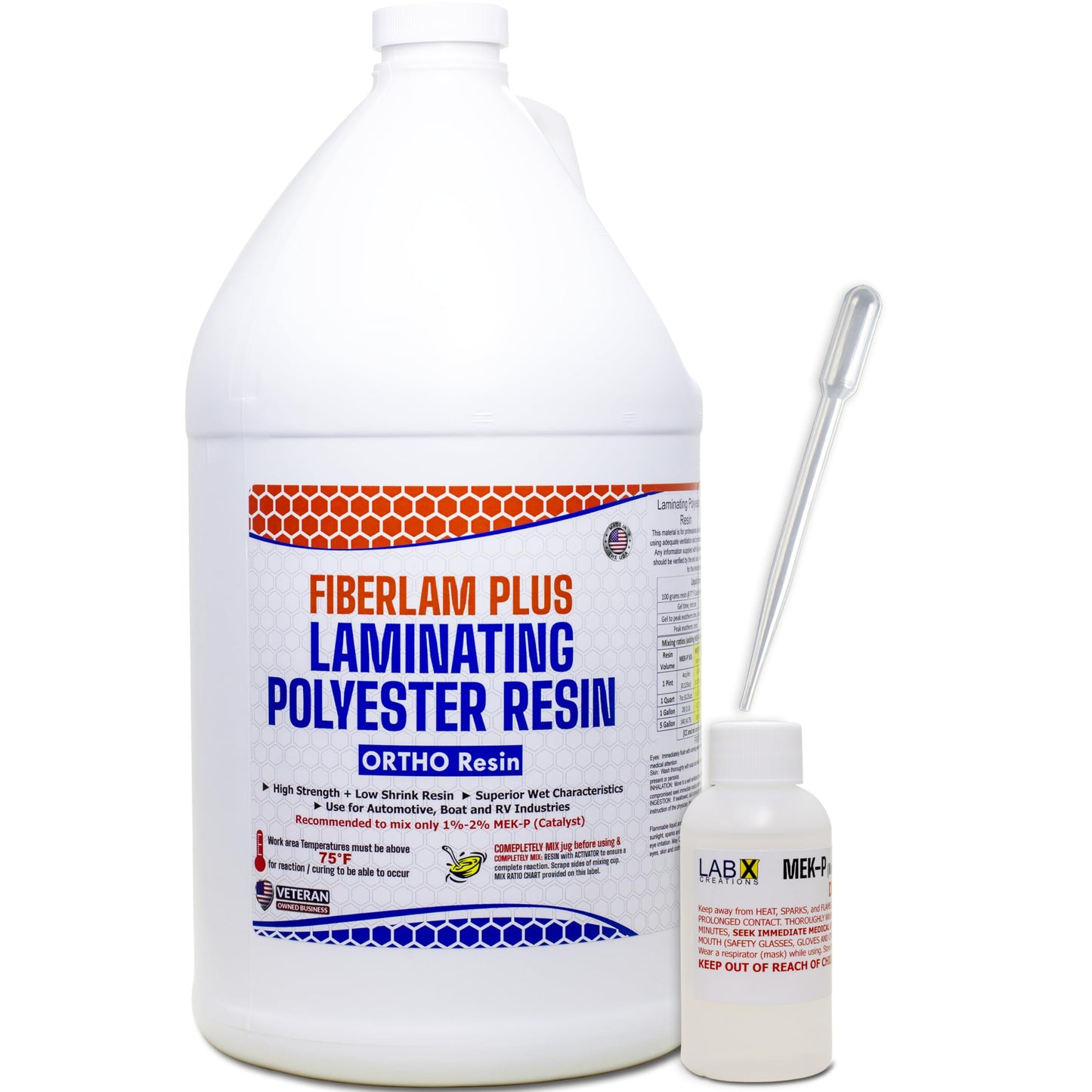 Fiberlam Plus Laminating Polyester Resin 1 gallon bottle with a smaller LAB X creations bottle of MEKP and a pipette on a white background