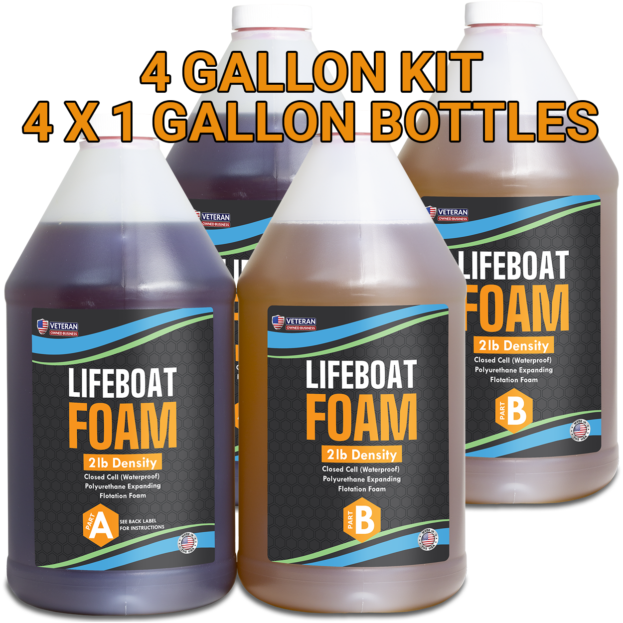 Lifeboat Urethane Pour Foam - 2lb Density - 4 Gallon Kit 2-Part Closed Cell Rigid Pour Foam - Fast-Acting Formula - Great for Boat Buoyancy, Flotation, Filling, Soundproofing, & Insulation