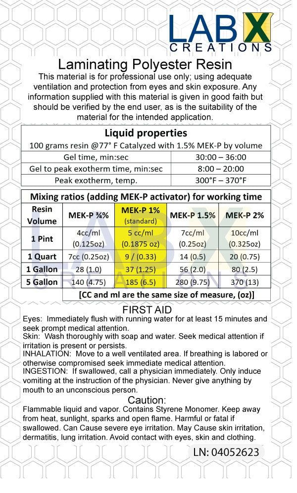 Technical datasheet for Laminating Polyester Resin by Lab X Creations with product details, mix ration chart, and safety information.