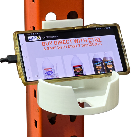 Pallet Rack Cup and Phone holder. Compatible with teardrop pallet racking found in warehouses.