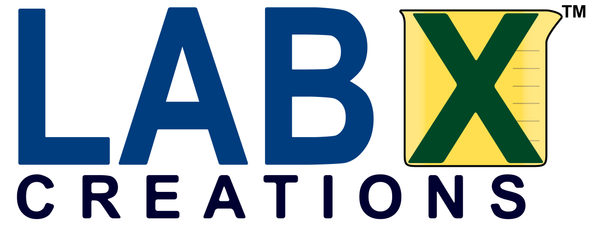 LAB X Creations logo with blue text and a green X and yellow beaker logo icon on a white background