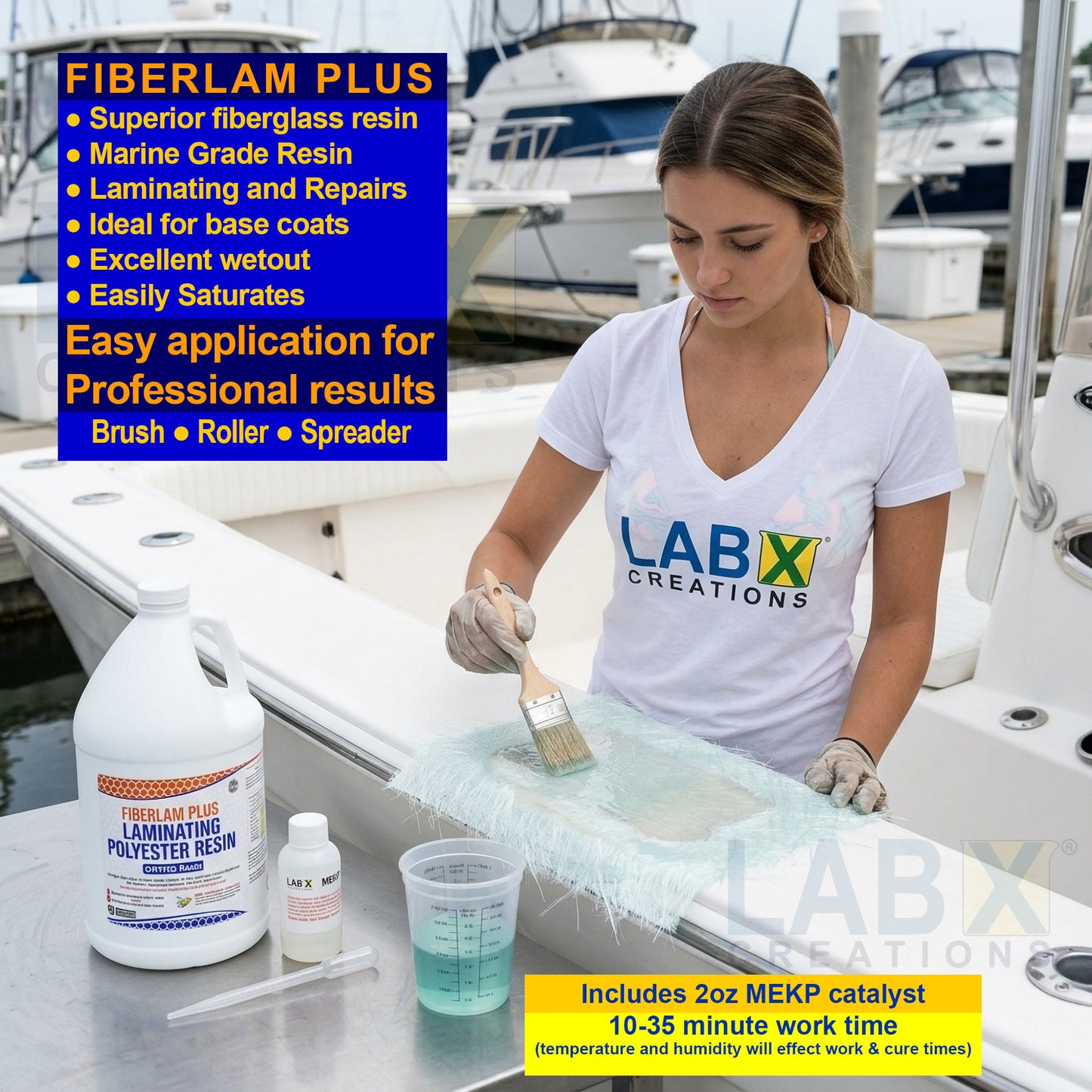 FIBERLAM Plus 1-10G Polyester Resin 1-10 Gallon +MEKP Hardener; Low Viscosity Coating for Laminating Fiberglass mat/Biaxial/Cloth; Boat/RV/Automotive/Canoe/Surfboard| 24-36hr TACK Time