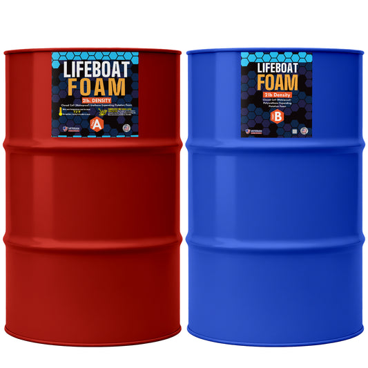 Red and blue barrels with Lifeboat Foam labels on a white background