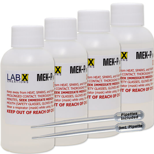 Four white MEKP bottles labeled 'LAB X Creations' and 'MEK-P' with 2 pipettes on a white background.