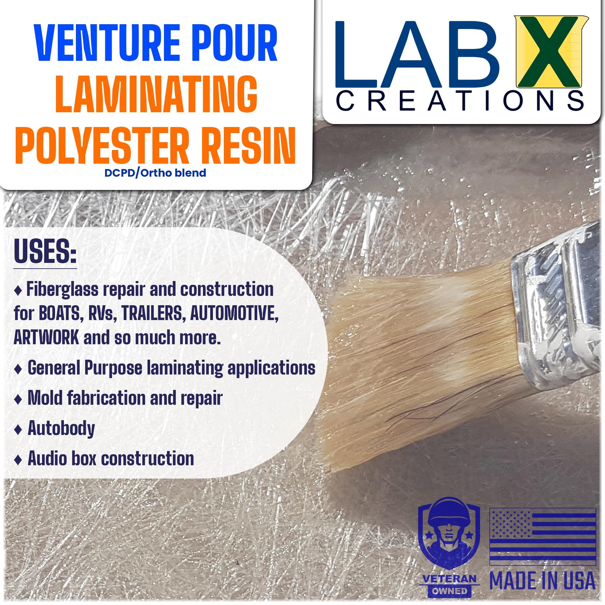 Advertisement for Lab X Creations laminating polyester resin with a brush and resin texture.