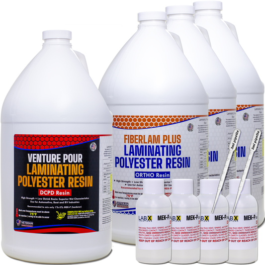 VENTURE POUR 1gallon & FIBERLAM 3 Gallon (total 4 Gallons) Polyester Resin +MEKP Hardener; Low Viscosity Coating for Laminating Fiberglass mat/Biaxle/Cloth; Boat/RV/Automotive/Canoe| with finish resin