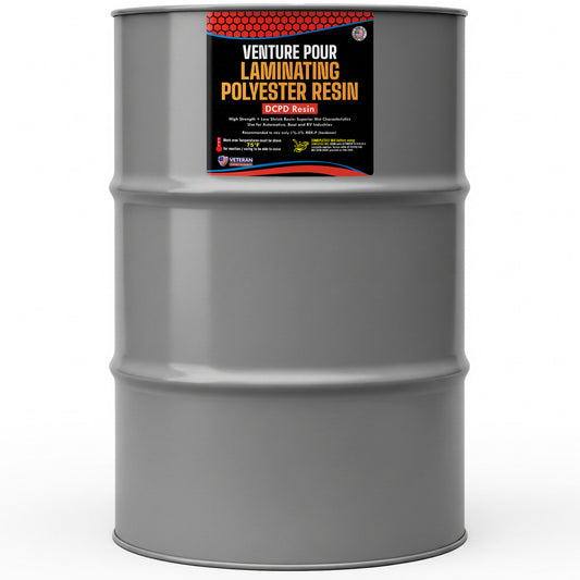 Gray drum with a label for Venture Pour Laminating Polyester Resin on a white background made by Lab X Creations