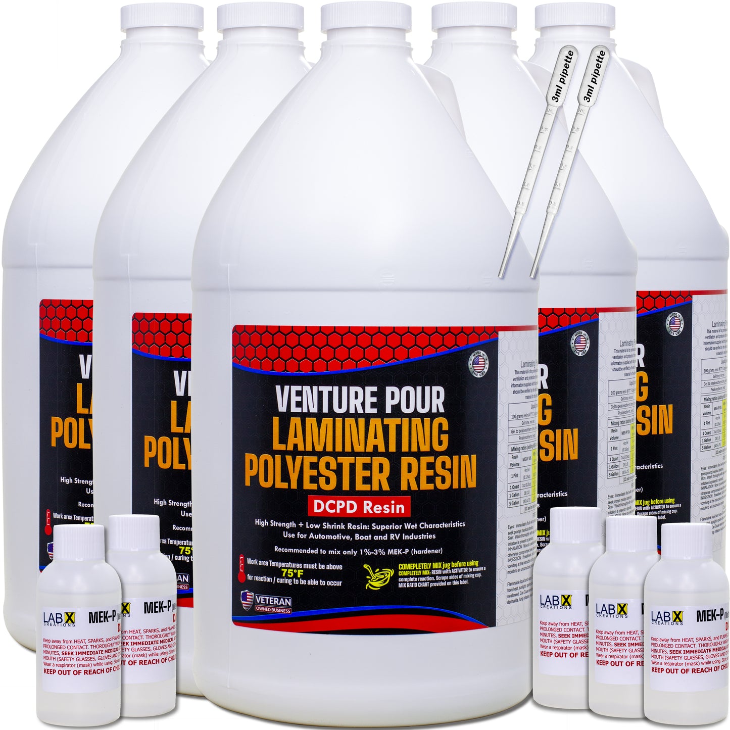 Venture Pour Premium Polyester Resin 5 Gallon + MEKP Catalyst, Low Viscosity Coating for Laminating Fiberglass mat,Biaxle&Cloth for ext/Interior of Boats,Canoe,RV,Car,Truck,Tailer,Surfboards; Hard NONTACKY Finish