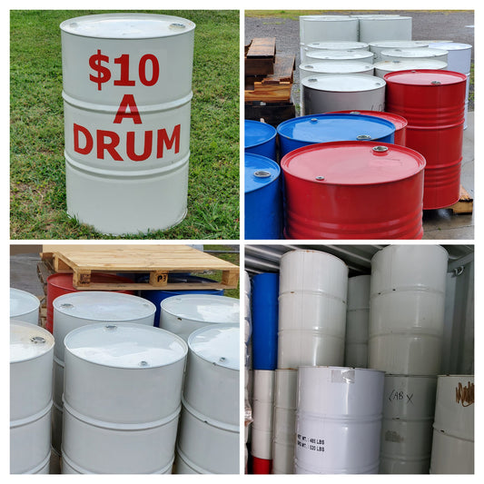 Collage of various barrels or drums including a white one with red text and multiple colored barrels.
