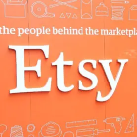 Etsy logo on an orange background with line drawings of products - links to Etsy store front