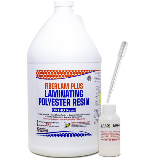 Fiberlam Plus Laminating Polyester Resin 1 gallon bottle with a smaller LAB X creations bottle of MEKP and a pipette on a white background